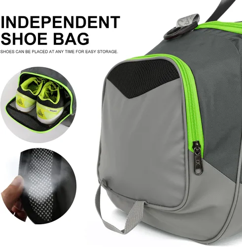 Miniatura 3 de INOXTO Bolsa de deporte de fitness con compartimento para zapatos, impermeable, bolsa de viaje para mujeres y hombres, Gris, verde