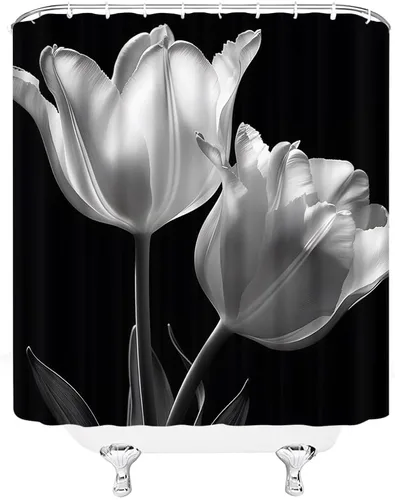 Miniatura 3 de Cortina de ducha floral negra elegante tulipán negro blanco y negro, diseño moderno de impresión artística única, juego de decoración de baño
