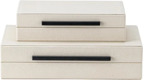 Juego de 2 cajas de almacenamiento decorativas beige con asas de metal negro – Caja de joyería moderna grande apilable con tapa de piel sintética,