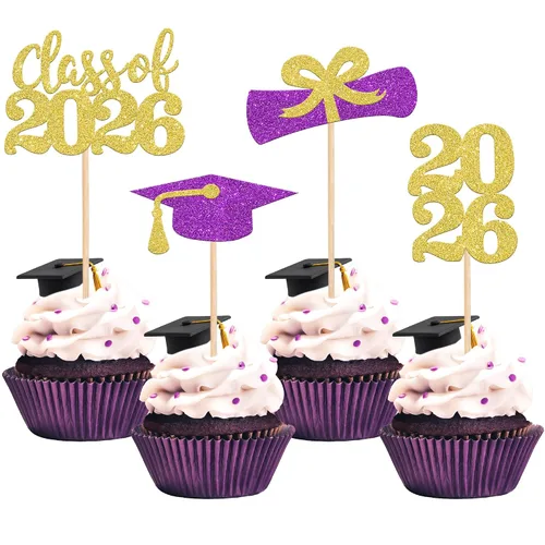 Miniatura 16 de 36 piezas con purpurina 2026 temática de graduación 2026 para cupcakes, diploma de clase de 2026, para graduación de 2026, suministros de decoración