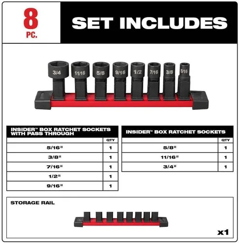 Miniatura 2 de Adecuado para Milwaukee 49-16-1640 Box Ratchet Socket SAE Set - 8 PC, negro