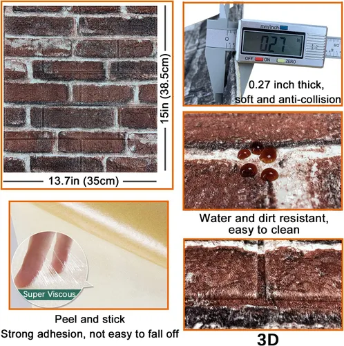 Miniatura 5 de 10 paneles de pared 3D para despegar y pegar, papel tapiz de ladrillo 3D para despegar y pegar, panel de pared de piedra sintética, ladrillo de Rojo