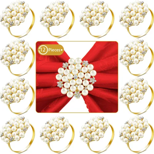 Hotop 12 servilleteros dorados, perlas y flores, con diamantes de imitación, soportes redondos brillantes para bodas, fiestas, cenas, banquetes,