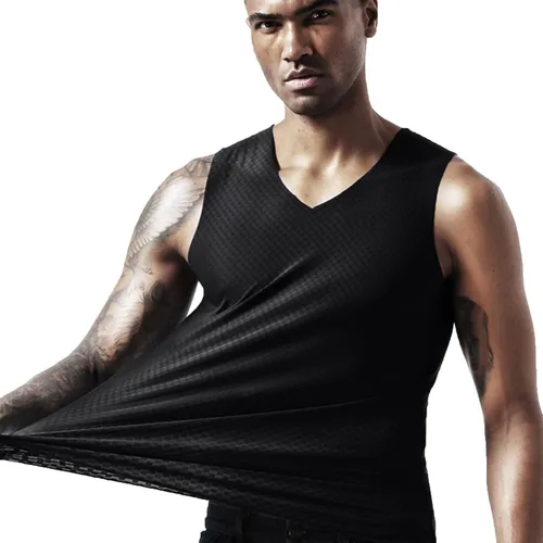 Miniatura 2 de Camisetas de verano transpirables de seda de hielo para hombre, camisetas sin mangas para cultiva el movimiento de fitness en V, camisetas rojas