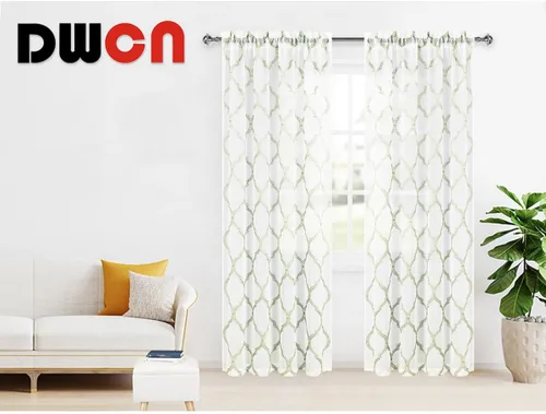 Miniatura 7 de DWCN - Cortinas traslúcidas verde salvia de lino sintético con diseño marroquí bordado - Cortinas de lino sintético semi voile para dormitorio