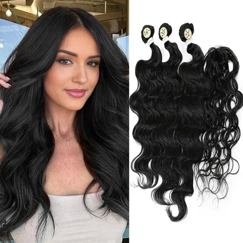 Miniatura 9 de HANNE Paquetes de cabello castaño mezclado con extensiones de cabello ondulado con cierre Sintético 18 "20" 22" con cierre de encaje, resistente