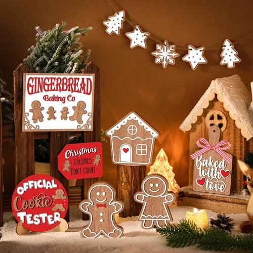 Miniatura 2 de Jetec 12 piezas de decoración de bandeja escalonada de Navidad, pan de jengibre, casa de pan de jengibre, copos de nieve, letrero de madera