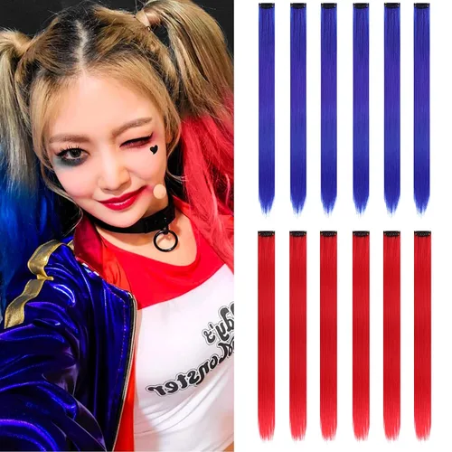 Miniatura 12 de Paquete de 12 extensiones de cabello de colores arcoíris, mechones para fiestas, 22 pulgadas, extensiones de cabello coloridas con clip, mechones