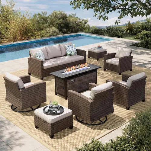 Miniatura 10 de HERA'S HOUSE Juego de muebles para patio, muebles de mimbre para exteriores con fogata, 8 piezas de sofás de conversación para exteriores con Beige