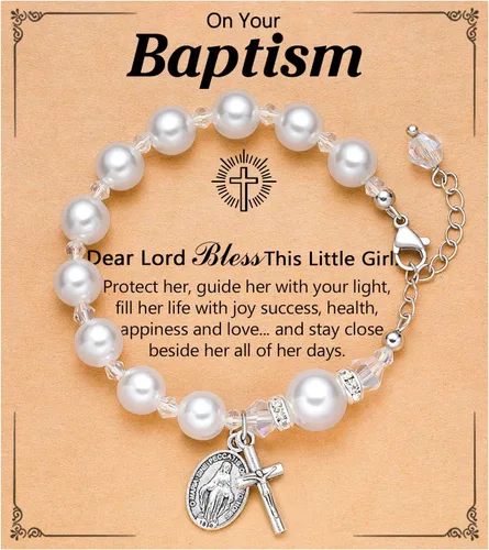 UNGENT THEM Pulsera de perlas con cruz de rosario, bautismo, comunión, confirmación católica, regalos de Pascua para niñas, nieta, hija, sobrina