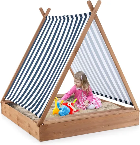 HONEY JOY Caja de arena con toldo, juego de madera de abeto sin fondo para niños pequeños, toldo de tela Oxford extraíble, cajas de arena para niños