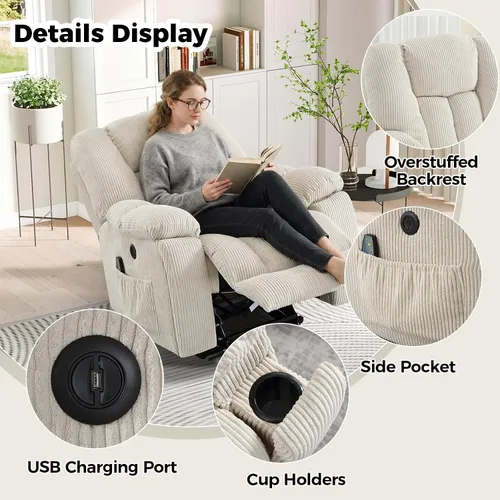 Miniatura 6 de HAOMARKETS Sillones reclinables de elevación eléctrica con masaje y calor para ancianos, silla reclinable eléctrica con portavasos y puerto USB