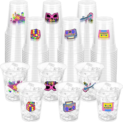 Miniatura 8 de 100 vasos de plástico desechables para fiestas de los 80 de 12 onzas de regreso a los 80, vasos transparentes desechables para discoteca de los 80