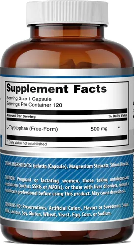 Miniatura 5 de Amazing Formulas - Suplemento de aminoácidos L-triptófano 500 mg por porción Cápsulas Sin OMG Sin gluten Fabricado en Estados Unidos