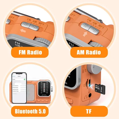 Miniatura 5 de Goodes Radio portátil AM FM con la mejor recepción, radios de transistor Bluetooth con ranura para tarjeta TF, luz LED y conector para auriculares