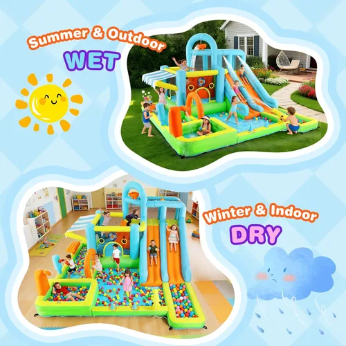 Miniatura 8 de JOYLDIAS Casa inflable de rebote para niños, parque acuático inflable de lujo resistente con toboganes dobles, pared de escalada, piscina y toldo