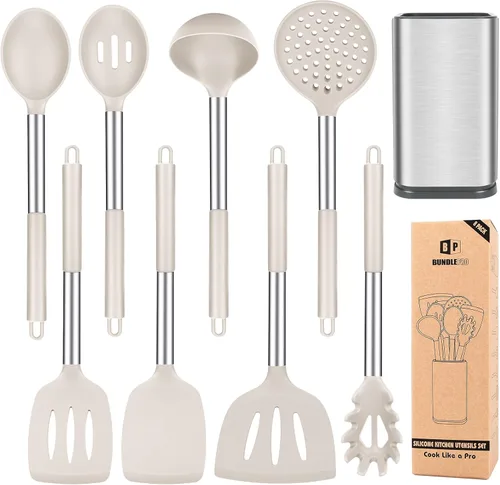 Juego de utensilios de cocina de silicona, 8 piezas de utensilios antiadherentes con mango de acero inoxidable, herramientas de cocina resistentes