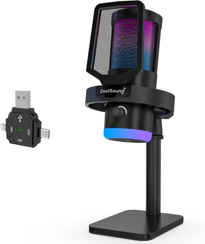 Miniatura 8 de ZealSound Micrófono de podcast, paquete de equipo de podcast para iPhone, PC, iPad Android, micrófono USB inalámbrico dual de 2.4 GHz con reducción