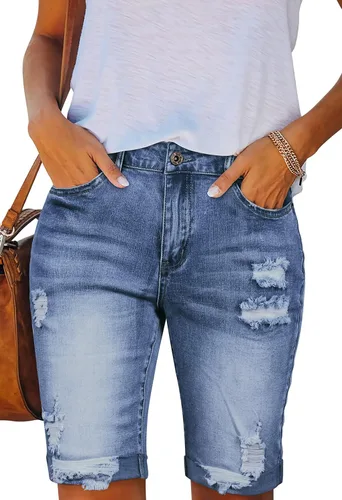 HUUSA Pantalones cortos de mezclilla rasgados de cintura alta para mujer, dobladillo deshilachado, medio muslo, pantalones cortos de mezclilla