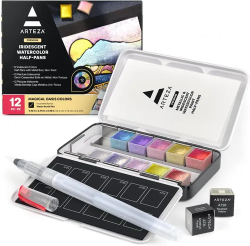 ARTEZA Juego de Pintura de Acuarela Metálica – 12 Medias Pastillas Iridiscentes, Paleta Compacta de Viaje con Pincel para Pintura, Diario y Medios