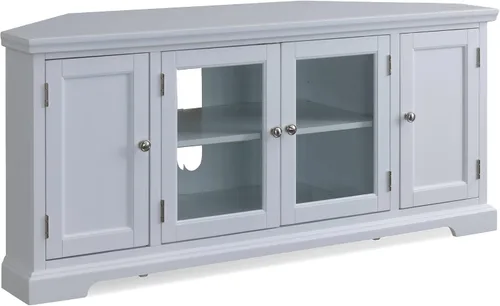Miniatura 16 de Leick Home 80385 Soporte de TV de esquina de tres puertas de vidrio con plomo con almacenamiento cerrado para televisores de 50 pulgadas, roble