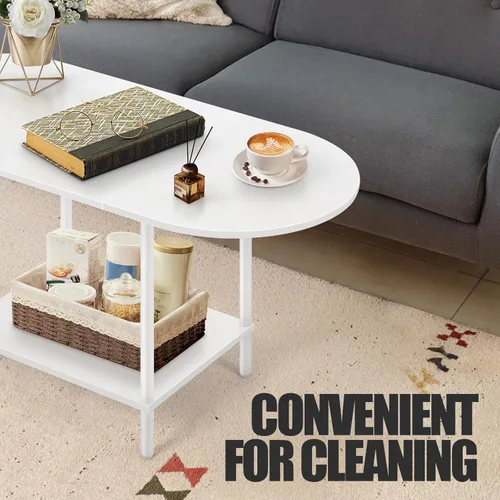 Miniatura 7 de Mesa de centro blanca para sala de estar, mesa central ovalada de mediados de siglo con estante de almacenamiento y superficie de madera, mesa de té