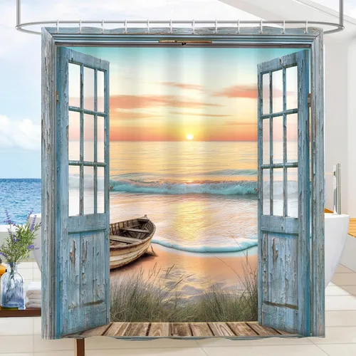 Miniatura 2 de Dazzlewall Cortina de ducha con diseño rústico de playa y océano, juego de cortinas de baño para el hogar, tela impermeable de poliéster, 72 x 72