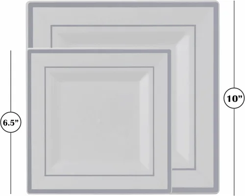Miniatura 3 de Juego de platos desechables dorados para 50 invitados, juego de vajilla de plástico plateado de 350 piezas, 100 platos cuadrados de plástico