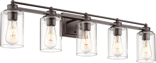 Miniatura 14 de HWH - Lámpara de tocador cromada con 5 luces sobre espejo, lámpara de pared moderna para baño, 37 pulgadas, acabado cromado, 5HLT63B-5W CH