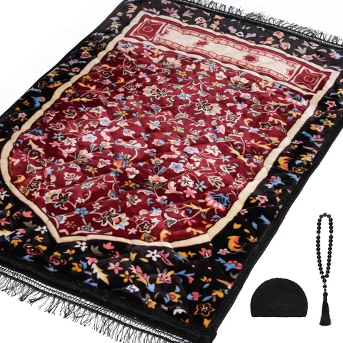 Miniatura 12 de Alfombra de oración musulmana con cuentas de oración Tasbih y sombrero de kufi, acolchada muy gruesa, alfombra de oración para hombres y mujeres