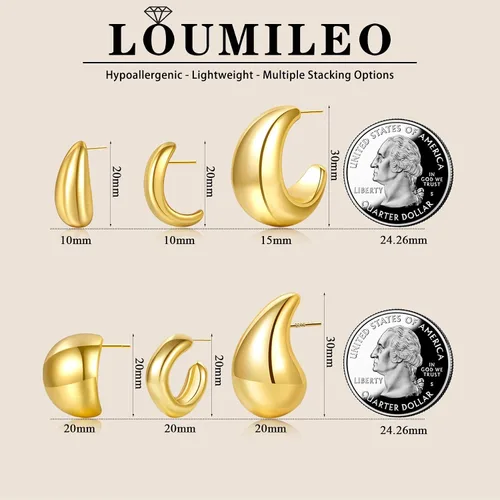 Miniatura 2 de LOUMILEO 6 Pairs Chunky Gold Hoop Earrings Set for Women 14K Gold Plated Teardrop Waterdrop Earrings Dupes Lightweight Hypoallergenic Gold Earrings