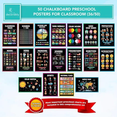 Miniatura 4 de Decorably 50 carteles de aprendizaje de pizarra para niños de 5 a 7 años, niños pequeños, jardín de infantes, 11 x 17 pulgadas, decoración de aula