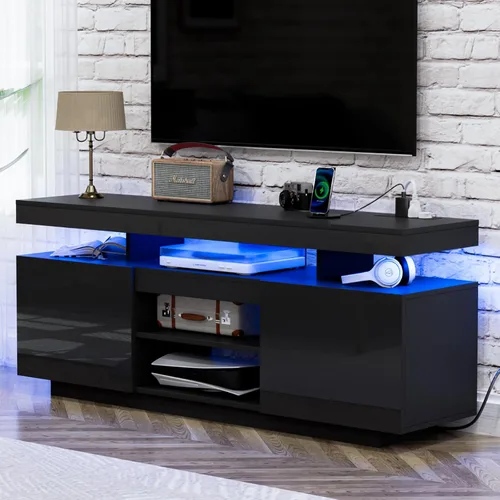 Miniatura 11 de HOMMPA Soporte de TV LED de 70 pulgadas con tomas de corriente, moderno centro de entretenimiento con luces LED para sala de estar, gabinete Negro