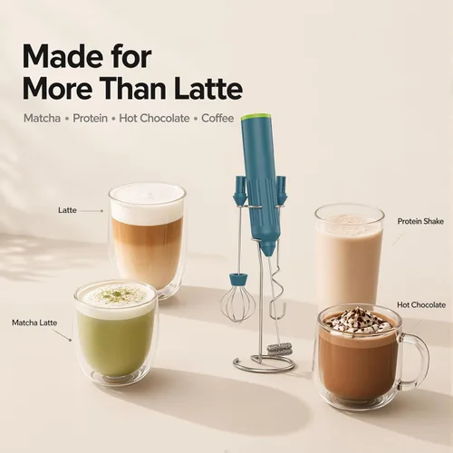 Miniatura 2 de Espumador de leche de mano con 3 batidores de acero inoxidable, mezclador eléctrico recargable de bebidas con soporte y estuche de viaje, espumador