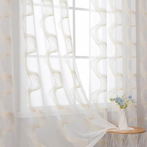Miniatura 21 de VISIONTEX Cortinas traslúcidas blancas de 63 pulgadas de largo, juego de 2 paneles de bordado marroquí con puntos beige, tela de gasa bordada