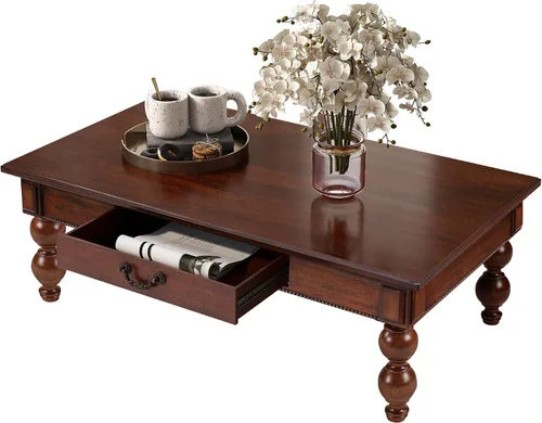 Miniatura 10 de Homora Mesa auxiliar rectangular de madera con cajón de almacenamiento, mesa de cóctel vintage con patas de madera maciza en forma de calabaza, mesa