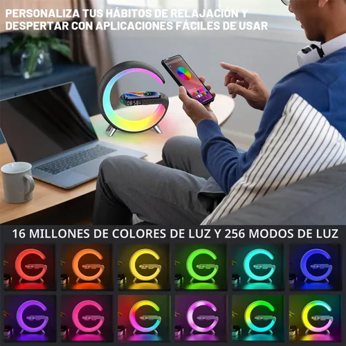 Miniatura 5 de Lámpara de mesa LED inteligente, cargador inalámbrico 4 en 1, luz nocturna, reloj despertador, altavoz Bluetooth con control de aplicación, lámpara