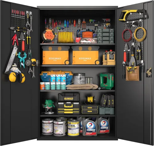 Miniatura 7 de Gabinete de almacenamiento de metal ancho mejorado, gabinete de garaje con cerradura de 72 pulgadas con ruedas y 4 estantes ajustables, gabinete