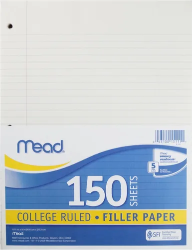 Mead Papel de hojas sueltas, papel de relleno, rayado universitario, 150 hojas, 10-1/2 x 8 pulgadas, 3 agujeros perforados, 1 paquete (15111), blanco