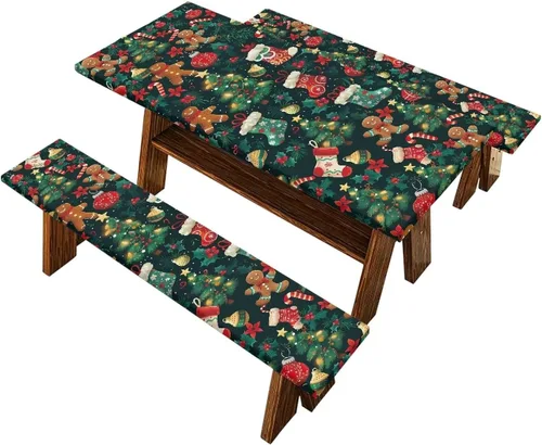Juego de 3 calcetines de árbol de Navidad de dibujos animados y galletas, funda de mesa de picnic ajustable con funda de banco, manteles