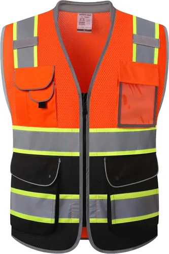 Miniatura 17 de JKSafety Chaleco de seguridad frontal con cremallera de alta visibilidad de 9 bolsillos de color dual MESH Lite Tira reflectante con ribete