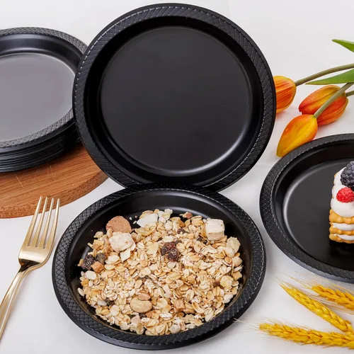 Miniatura 5 de WELLIFE Platos de postre negros de 7 pulgadas, 150 unidades, platos de postre de plástico desechables para fiestas, pasteles, aperitivos, ensaladas