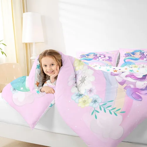 Miniatura 7 de Erosebridal Edredón de sirena azul para niñas, ropa de cama de unicornio lindo de 3 piezas para niños, juegos de ropa de cama y colecciones