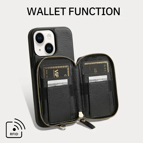 Miniatura 2 de ZVE Funda tipo cartera para iPhone 13 con pulsera, funda de cuero con cremallera con ranuras para tarjetas con bloqueo RFID tipo monedero, funda