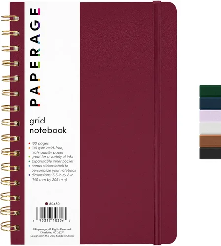 PAPERAGE - Libreta de espiral con papel cuadriculado y diario (color borgoña), 160 páginas, tamaño mediano de 5.5 x 8 pulgadas - papel cuadriculado