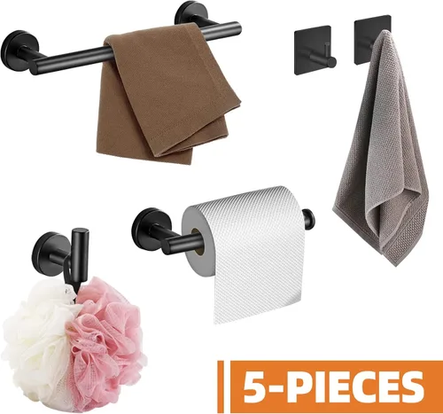 Miniatura 3 de Juego de 5 piezas de accesorios de baño negro mate, juego de toalleros de acero inoxidable 304 redondo montado en la pared, incluye barra de toalla