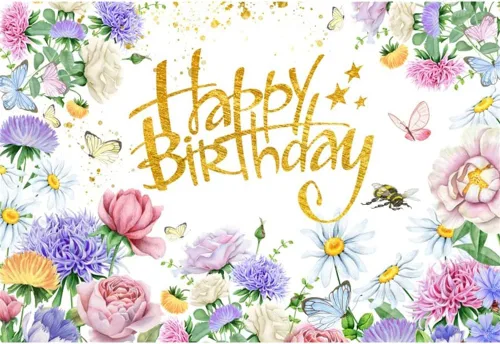 Renaiss Telón de fondo de cumpleaños de flores silvestres de 7 x 5 pies, flores de jardín de primavera, fondo de fotografía de cumpleaños, acuarela,