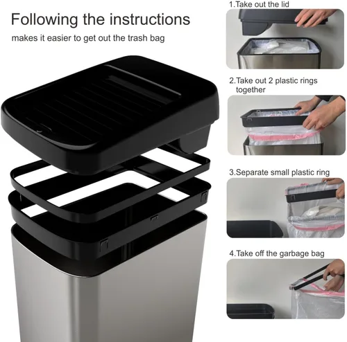 Miniatura 7 de ELLO&ALLO Bote de basura de cocina de 13 galones con tapa enrollable, sensor de movimiento automático sin contacto rectangular con ruedas, acabado