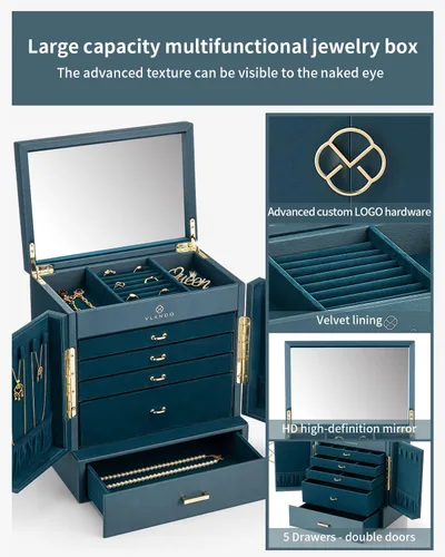 Miniatura 5 de Vlando Joyero grande, cajas de joyería y organizadores de 6 niveles, estuche de almacenamiento de joyas con espejo con 5 cajones, reloj de piel