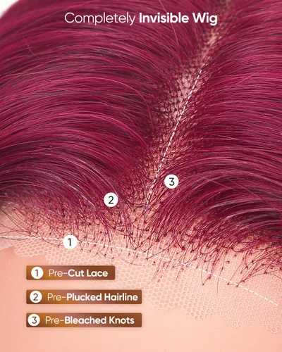 Miniatura 7 de Pelucas de cabello humano con encaje frontal color borgoña 99j de 13 x 6, densidad del 200 %, pelucas de encaje frontal HD 99j de color rojo